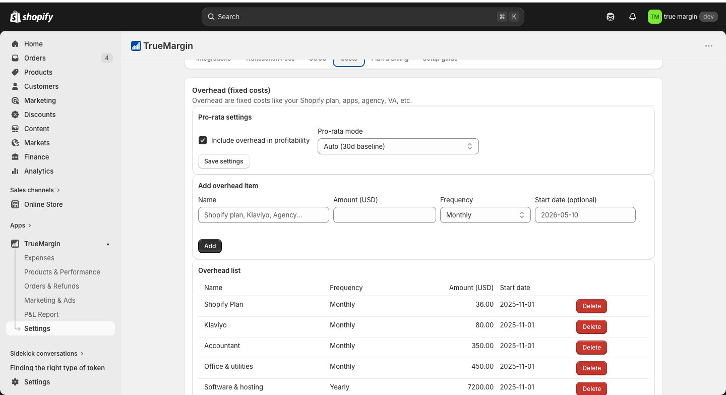Every subscription, invoice, and fixed cost — in your profit number.