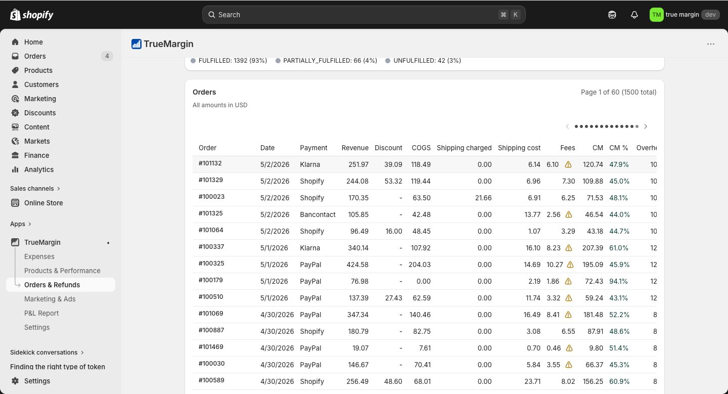 Every order. Every cost. Every margin — in one table.
