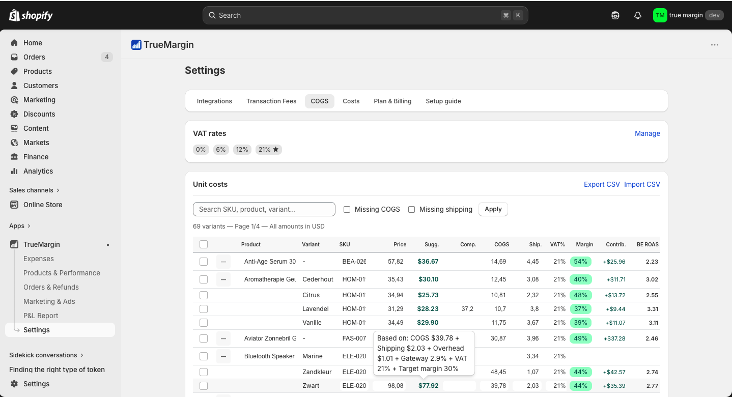 All your product costs. One screen. Synced to Shopify.